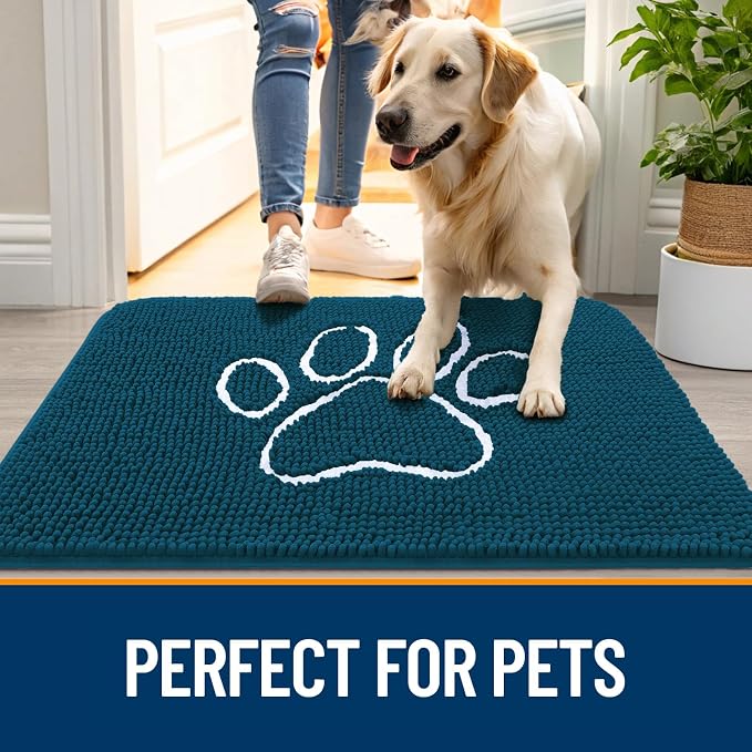 OLANLY Dog Door Mat for Muddy Paws 36x24, Paw Print Design, Absorbs Moisture and Dirt, Absorbent Non-Slip Washable Doormat, Quick Dry Chenille Mud Mat, Entry Indoor Entryway Carpet, Atlantic Blue