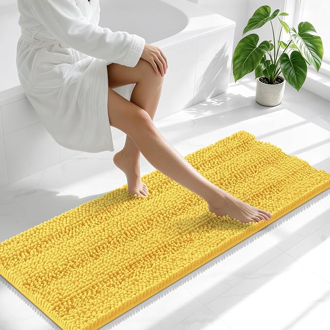 Smiry Thick Chenille Bathroom Runner Rugs 47x17, Extra Absorbent Striped Bath Mat, Machine Washable, Rubber Backing, Long Bath Rugs for Tub & Shower, Modern Home Decor Accessories, Yellow