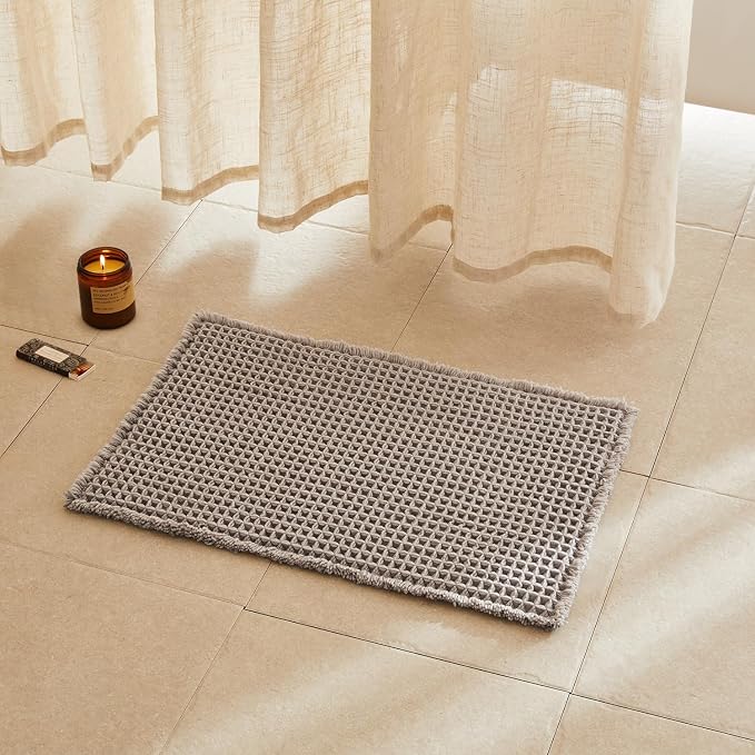 TYUU Waffle Bath Mat, Boho Bathroom Rugs Non Slip Washable Super Absorbent Quick Dry Bath Mat Farmhouse Bathroom Decor, 24"x16" Light Grey