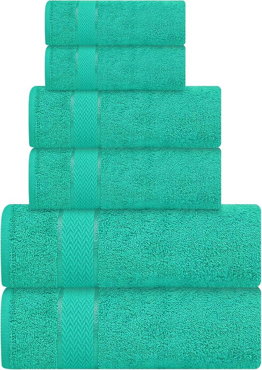 Luxury 6-Piece Bath Towel Set - 100% Cotton, Quick Dry, Absorbent, Plush, Soft - Home, Hotel, Shower Towels - Teal / Sea Green / Aqua