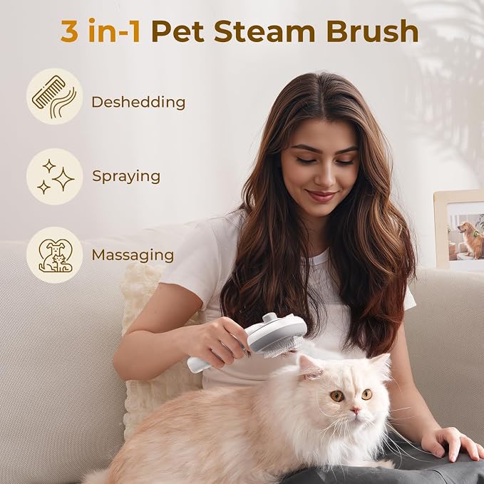 Pecute Self-Cleaning Steam Dog Cat Brush for Heavy Shedding/Long Coats | Gentle, Undercoat removal & smoothing, Shedding control, For water-anxious pets, 2 cool mist modes, XL tank, 240-min runtime