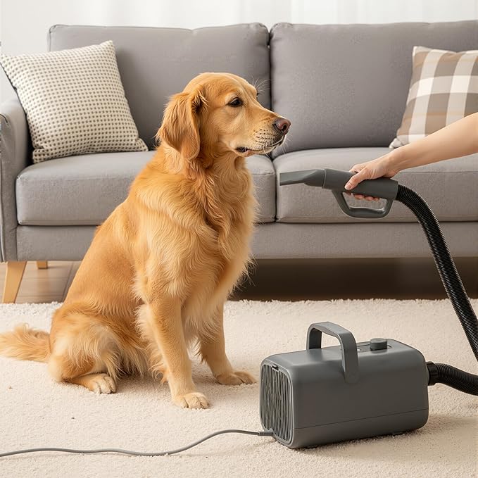 DUMOS Dog Blow Dryer Grooming Vacuum Kit, Cat Dog Hair Dryer with Adjustable Wind Speed & Heater Temperature, Cool-Warm-Hot Cycle Mode, 4 Nozzles, 6.5FT Cord for Low Noise Pet Hair Remover - Grey