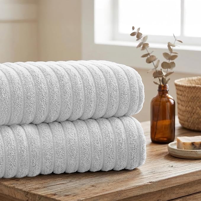 RIVERSIDE Pack of 2 Extra Large Bath Sheet Towels, 35 x 70 Inches, 600 GSM, Ribbed Stripe, 100% Cotton - Super Soft, Highly Absorbent & Quick Dry for Bathroom, Spa & Hotel, White