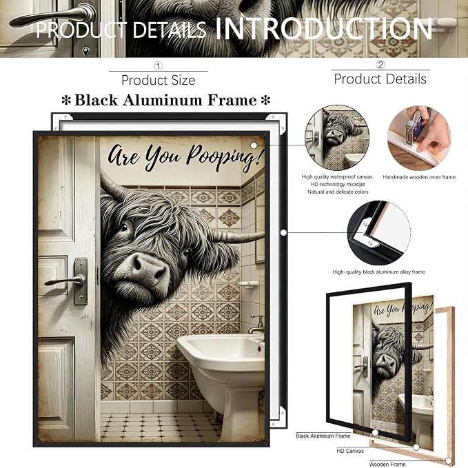 Funny Highland Cow Bathroom Wall Art Humorous Are You Pooping? Poster Vintage Farmhouse Restroom Print Aesthetic Wall Decor for Powder Room Apartment Family Bathroom 16X24 in Wrapped Framed