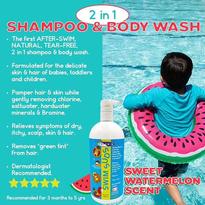 TRISWIM Kids SWIM SUDS NATURAL, TEAR-FREE, 2-in-1 Shampoo & Body Wash | Formulated For Babies & Up | Removes Green Tint, Chlorine & Odors | Ensuring a Delightful Post-Swim Routine | Watermelon Scent