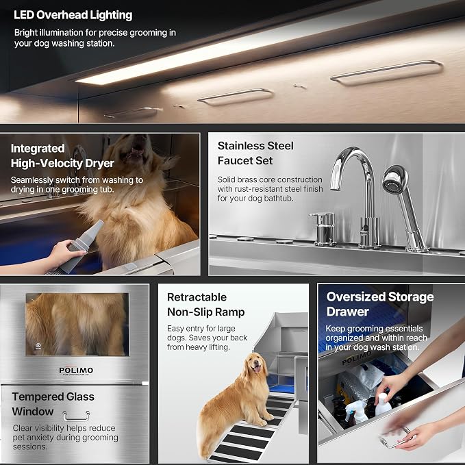 POLIMO Dog Washing Station with Built-in Pet Dryer and LED Display 50" (Right Ramp), 304 Stainless Steel Dog Bathtub for Large Medium Small Dogs, Wash and Dry Grooming Tub with Faucet, Storage Drawer