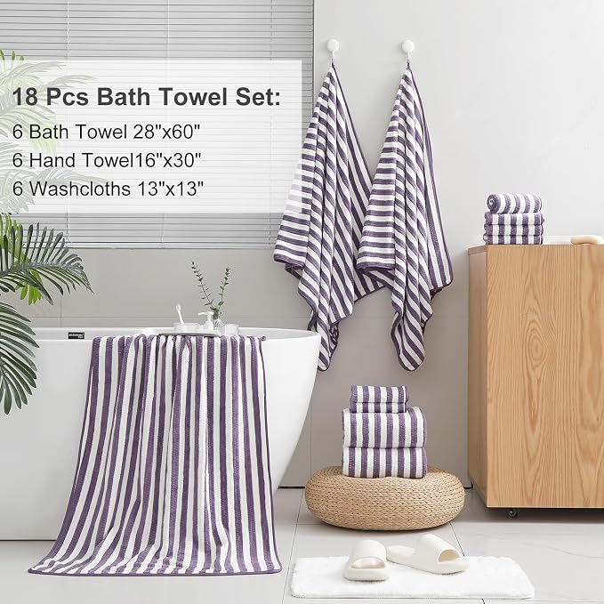 Smuge 18 Pcs Bath Towel Set, Include 6 Bath Towel Sheets, 6 Hand Towels and 6 Washcloths - Highly Absorbent Quick Dry Microfiber,Ultra Soft Bathroom Towel Set with Hanging Loop - Dark Purple