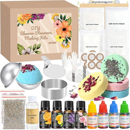 JUYRLE Bath Bomb Making Kit- 49Pcs DIY Bath Bomb Kit for Aldult, Make Your Own Shower Bombs, Spa Craft Kits with Bath Bomb Press, Molds, Bath & Bathing Making Supplies Gifts for Mom Women