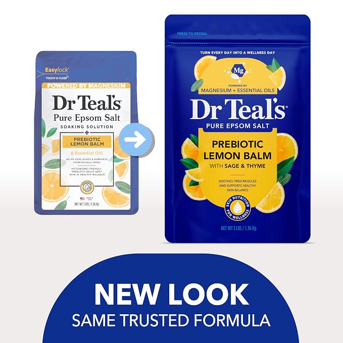 Dr Teal's Pure Epsom Magnesium Salt Soak, Prebiotic Lemon Balm & Essential Oil, 3 lbs (Pack of 4)