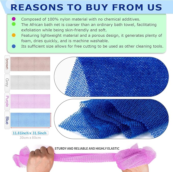 African Net Sponge Exfoliating Body Scrubber - Long Bath Sponge for Shower, Back Cleanser Smoother, Natural Exfoliation, Gentle for Sensitive Skin, Daily Use(Brown, Blue, Purple,Grey)