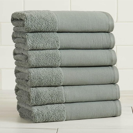 Green Bath Towel Set - Ultra-Soft 100% Cotton, Linen Like Border Design - 6 Hand Towels (28" x 16") - Absorbent, Quick-Dry, Lightweight Bathroom Towels