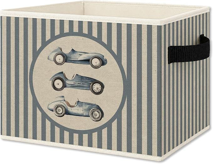Race Car Boy Nursery Foldable Storage Bins Box with Handles, Blue Striped Race Car Collapsible Organizer Basket for Boys Toddler Kids Bedroom Bathroom Playroom Clothes Books