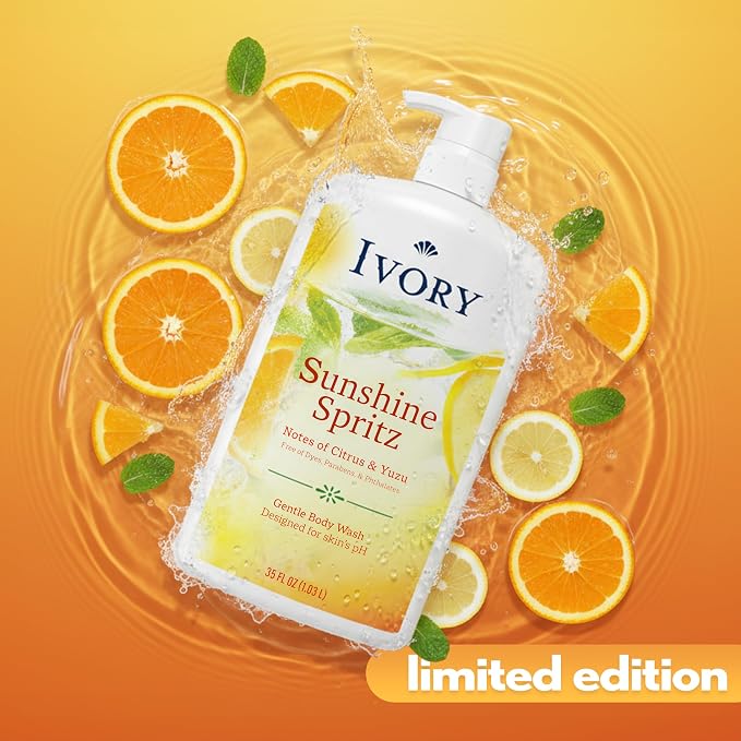 Ivory Body Wash, Designed for the Whole Family, Gentle Formula, Free of Dyes Heavy Perfumes, Parabens & Phthalates, Sunshine Spritz Scent, 35 oz
