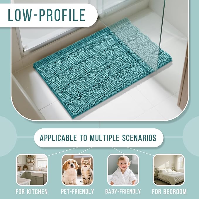Yimobra Bathroom Rug Mat 44 x 24, Non Slip and Super Absorbent Bath Mat,Machine Washable Quick Dry,Ultra Plush Chenille Shower Rugs for Bathroom Floor Sink Tub and Shower Outside,Teal Blue