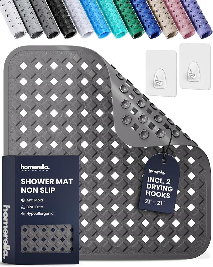homerella® Shower Mat Non Slip Anti Mold, Non Slip Shower Mats for Inside Shower Stall Anti Slip Mat, Square Shower Floor Mat 21 x 21 in with Suction Cups & Hooks for Quick Drying, Machine Washable