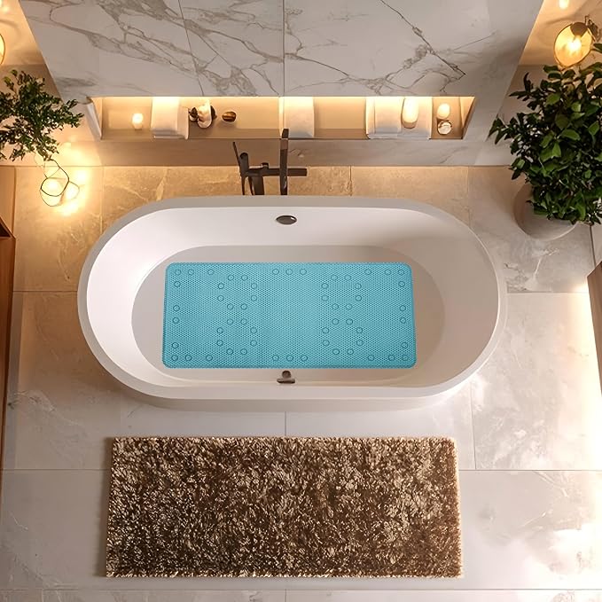 Bathtub Mat Non Slip, Soft Foam Bath Mat for Tub, Bathtub Mat with Drain Holes, Suction Cups Shower Mat (Blue, 36''X17'')