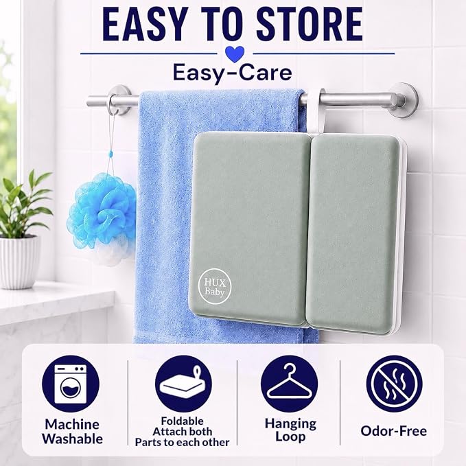 Comfortable Baby Bath Kneeler and Elbow Rest Pad Set, Non-Slip Bathtub Kneeling Pad for Bathing Baby, Bath Tub Cushion Mat, Elbow Pads, Toy Organizer Storage Pockets, Strong Suction Cups (Green Gray)