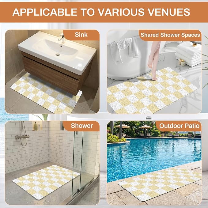 Non Slip Loofah Shower Mats 24"x16", PVC Loofah Bath Mat for Inside Shower, Quick Dry Soft Bath Mat for Bathroom Floor, Tub Pool Kitchen Entryway Home Hotel, Beige Checkered