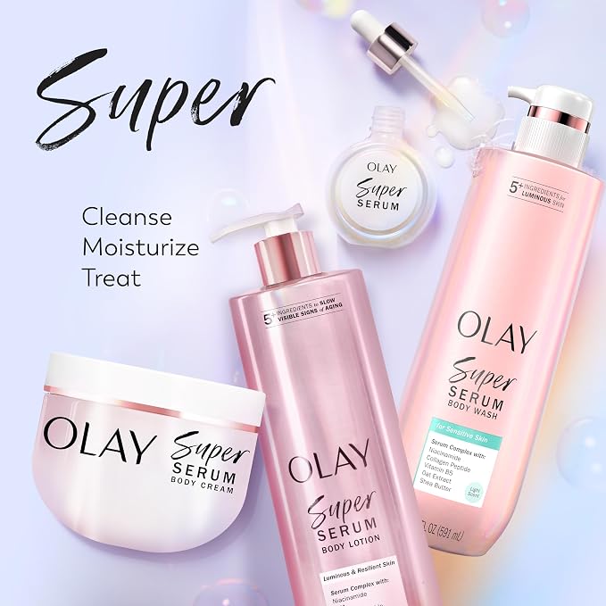Olay Super Serum Body Wash for Sensitive Skin, 24hr Long Lasting Rich Hydration, 5+ Ingredient Complex for Bright, Even, Firm & Luminous Skin, with Collagen Peptide, Vitamin B5 & Shea Butter, 20 fl oz