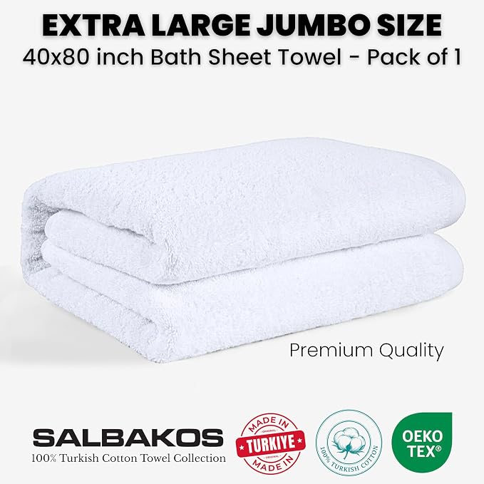 SALBAKOS Luxury 100% Turkish Cotton Bath Sheets 40x80 in Oversized Extra Large Bath Towels | Premium Hotel Quality Thick Soft Absorbent Turkish Towel for Spa Beach (Pack of 1, White, Jumbo Bath Sheet)