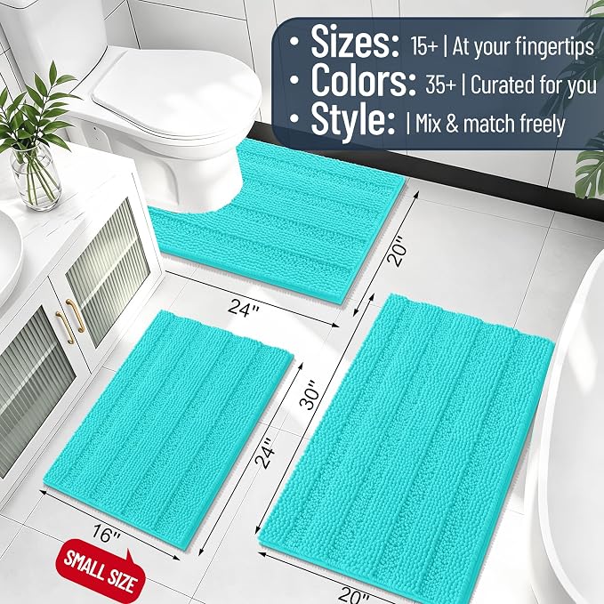 Smiry Thick Chenille Bathroom Runner Rugs 47x20, Extra Absorbent Striped Bath Mat, Machine Washable, Rubber Backing, Long Bath Rugs for Tub & Shower, Modern Home Decor Accessories, Teal