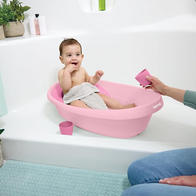Ingenuity Room to Soak 4-in-1 Baby Bath Tub in Pink, Newborn to Toddler, Adjustable Full Coverage Sling, Supportive Seat, Includes 2 Pour & Rinse Cups, Easy Release Drain Plug, 0M+