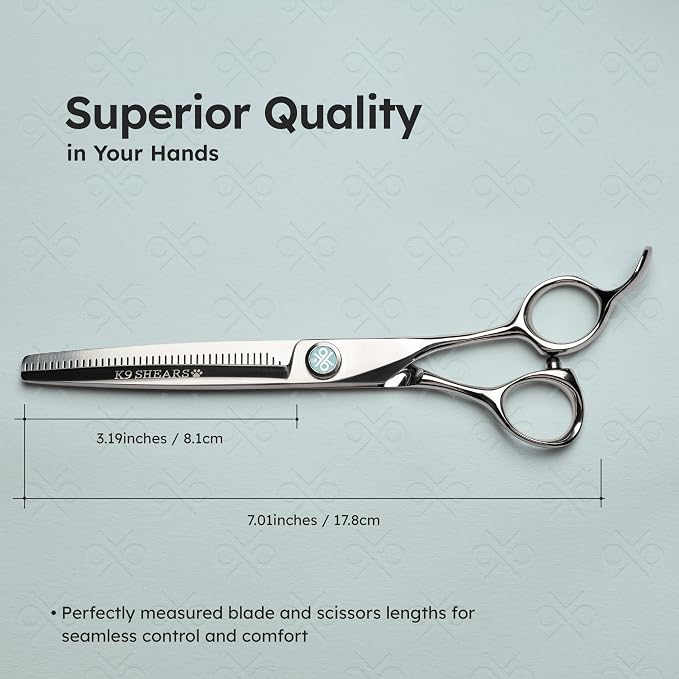 7” Dog Grooming Scissors – VG10 Japanese Steel Professional Pet Thinning Shears for Cats & Dogs | Clean Cut & Precise Trimming | Lightweight, Ergonomic, Handcrafted | Thinning Rate 50% | K9 Shears