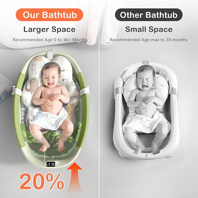 Collapsible Baby Bathtub - Large Baby Bath Tub with Thermometer & Cushion | Travel Portable Newborn Infant Bathtub | Foldable Toddler Bathtub for Baby 0 to 36 Months (Green)