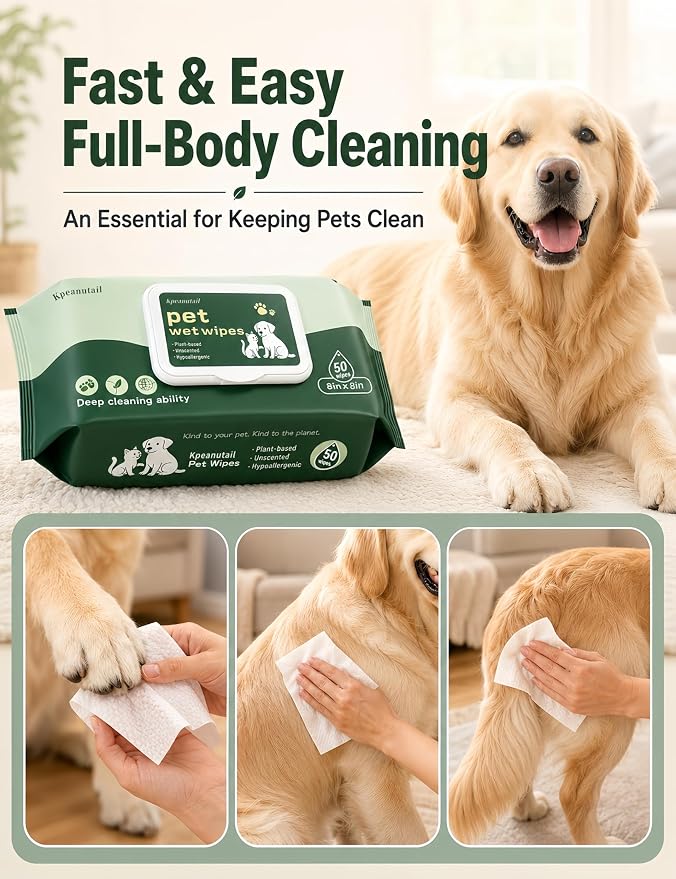 Pet Wipes for Paws and Butt Unscented Hypoallergenic Dog Wipes Gentle Earth-Friendly 50 PCS Cleaning Wipes for Puppies,Kittens & Senior Pets Deodorizing Waterless Bathing Wipes | Cleansing & Deodorizing Unscented Plant-Based Hypoallergenic Pet Wipes