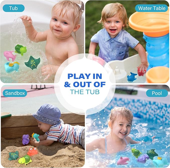 LotFancy® Bath Toys, 8 Pack Mold Free Bath Toys for Kids Ages 1-3, No Holes Baby Bath Toys for Toddlers 2-4, Ocean Sea Animal Bathtub Toys, Soft Floating Pool Water Table Toys