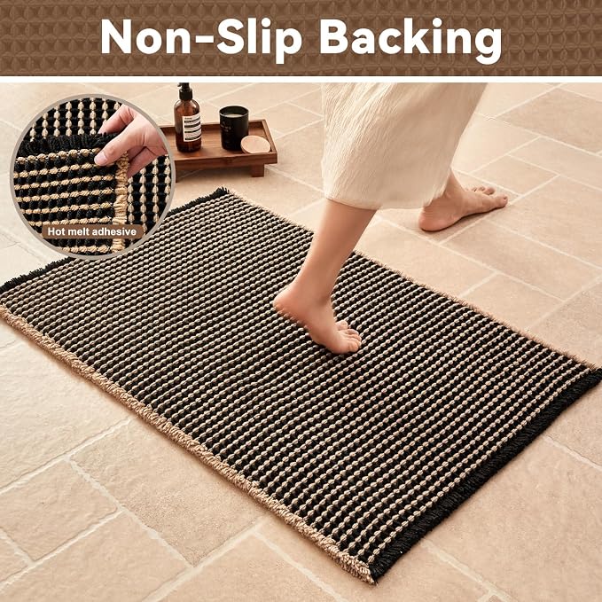 Triohero Waffle Bath Mat, Boho Bathroom Rugs Non Slip Washable, Ultra Soft Super Absorbent Quick Dry Farmhouse Bathroom Decor, 24" x 48", Black & Khaki