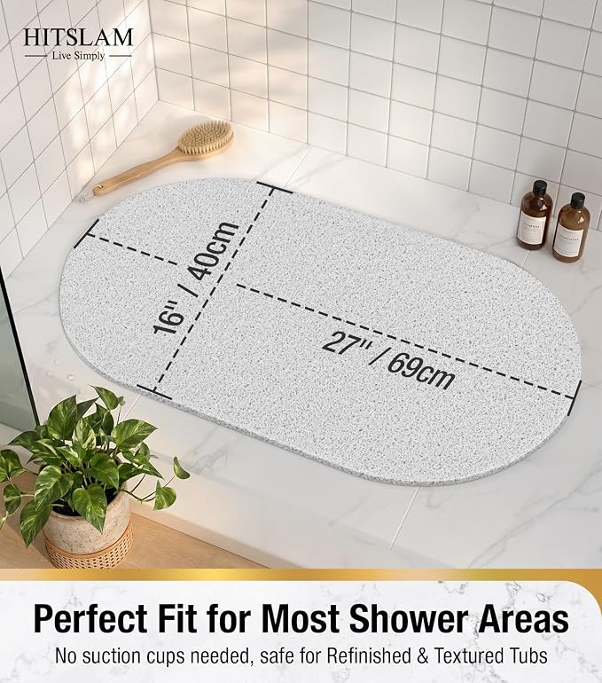 HITSLAM Oval Loofah Shower Mat Non Slip, 27x16 Inch, White | Bath Mat for Textured Tub & Inside Shower Stall, No Suction Cups Quick Drying PVC Porous Floor Mat, Soft Foot Exfoliating