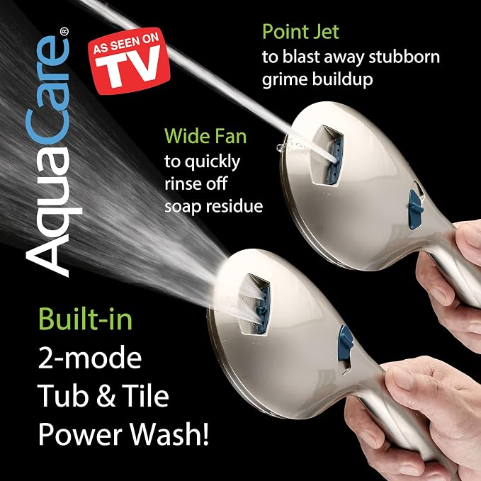 AquaCare Seen-On-TV High Pressure 8-mode Handheld Shower Head - 2-mode Power Wash to Clean Tub, Tile & Pets, Stay-Clean Nozzles, Extra Long 6 ft. Stainless Steel Hose, Wall & Overhead Brackets, Nickel