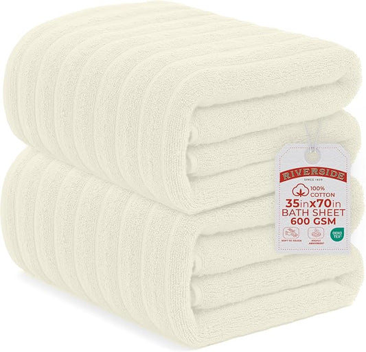 RIVERSIDE Pack of 2 Extra Large Bath Sheet Towels, 35 x 70 Inches, 600 GSM, Ribbed Stripe, 100% Cotton - Super Soft, Highly Absorbent & Quick Dry for Bathroom, Spa & Hotel, Cannoli Cream