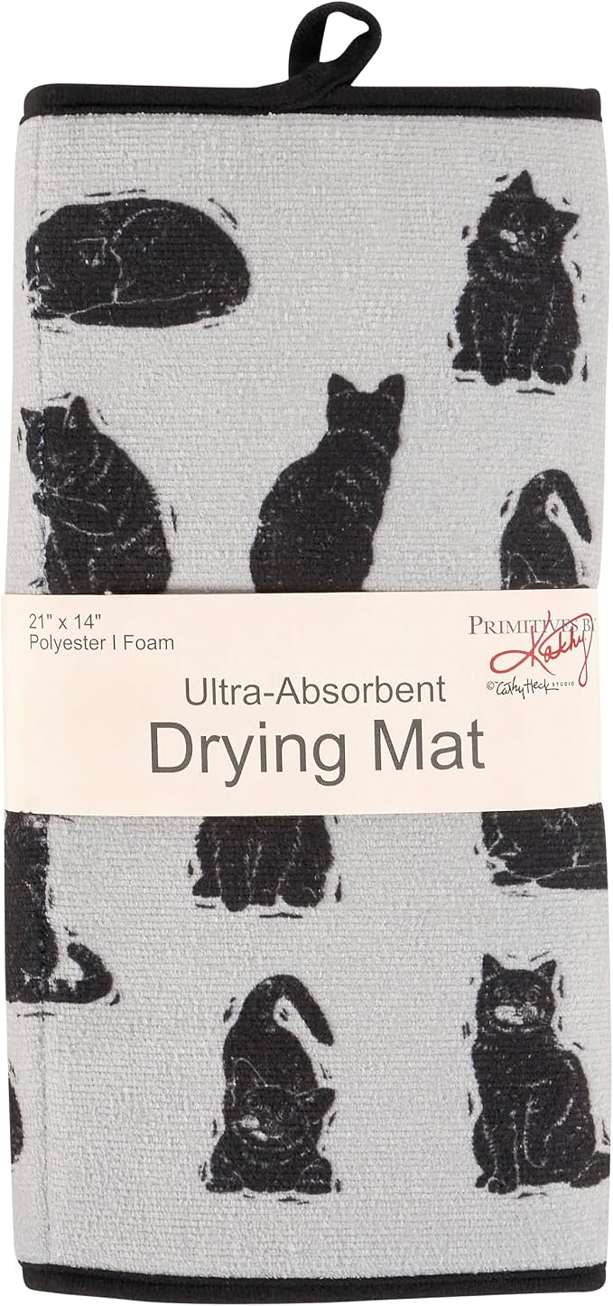 Primitives by Kathy Decorative Kitchen Drying Mat, Full Color Design, ultra-absorbent fun pattern of various cats/cat-themed sentiment "Cat Lover"/Pet Collection/dish mat pad kitchen accessory