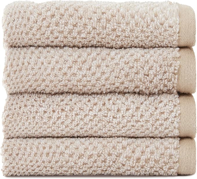 Cozy Earth Nantucket 60% Cotton 40% Viscose from Bamboo Washcloth - 600 GSM Plush & Fast-Drying with Rice Weave Pattern - 4 Pack 13" x 13" Luxury Washcloth - Sand