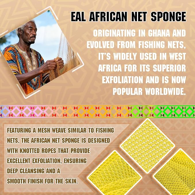 Authentic African Net Sponge - 2 Pieces Deep Clean Exfoliating Sponge - Soft Weave for Gentle Exfoliation, All-Skin-Type Shower Accessory (Yellow Green)