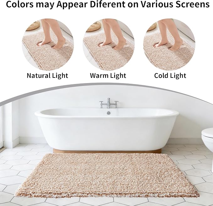 Disolla Bathroom Rug 24x48 - Non-Slip Plush Thick Bath Mat, Highly Absorbent & Ultra Soft Fluffy Floor Mat, Machine Washable for Shower and Tub, Beige & White