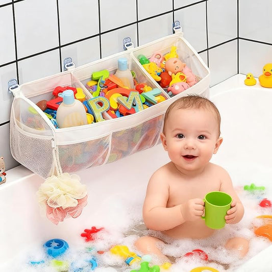 Bath Toy Storage Organizer for Tub – 3 Compartment Bath Toy Organizer, Large Quick-Drying Mesh Bath Toy Holder, Bathroom Toy Storage for Kids, Toddler & Baby Bathtub Toy Organizer with Strong Hooks
