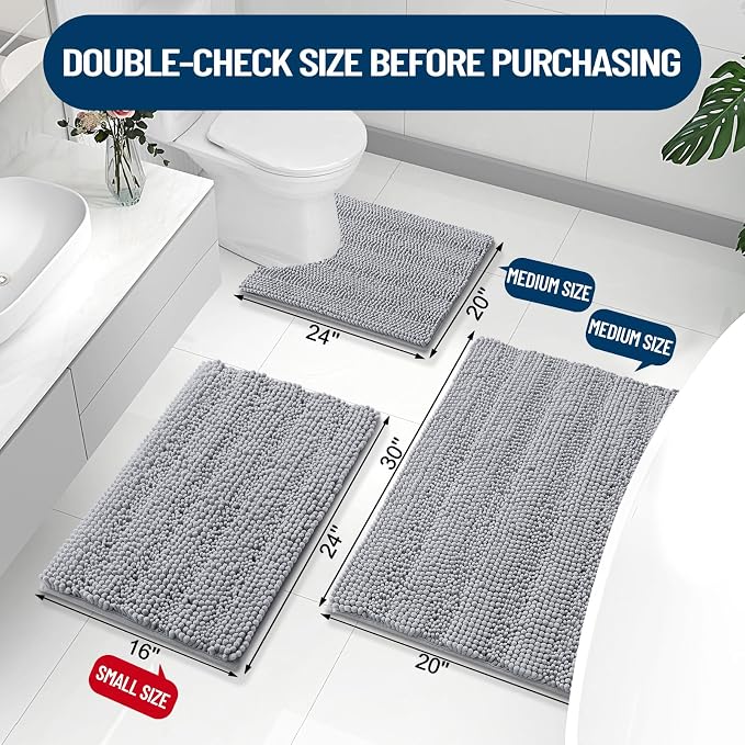 Grandaily Chenille Striped Bathroom Rugs 24x16, Extra Thick and Absorbent Bath Mats, Non-Slip Soft Plush Shaggy Shower Carpet, Machine Wash Dry, Bath Rug for Bathroom, (Small, Light Grey)