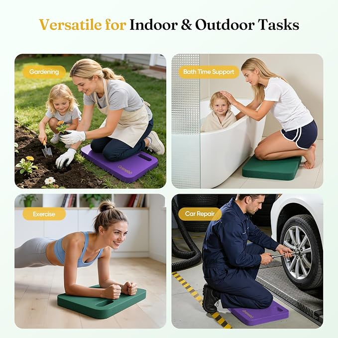 Grenebo High-Density NBR Foam Garden Kneeling Pad, 1.6" Extra Thick Gardening Pads for Kneeling, Ultra Soft Kneeling Pads for Gardening, Work, Exercise, Yoga, 17.3×11×1.6 in (2, Green Purple)