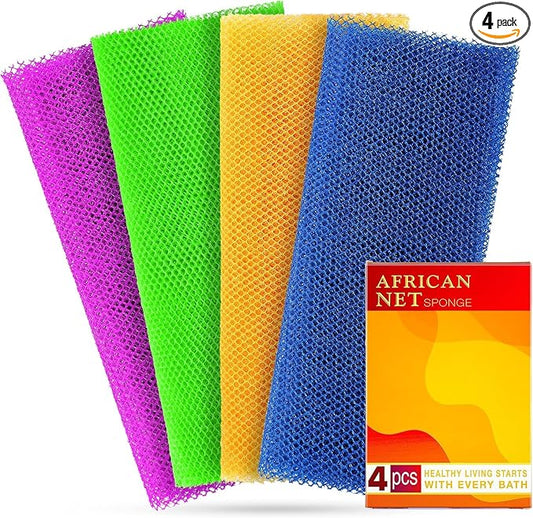 African Net Sponge for Deep Exfoliation – 4 Pieces African Net Sponge Authentic, Exfoliating Washcloth, Long-Lasting African Exfoliating Net for Smooth Skin & Cleansing (Purple, Green, Orange, Blue)