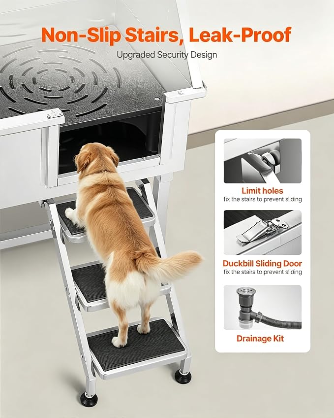 38”Professional Dog Washing Station 304 Stainless Steel Pet Wash Sink & Grooming Bath Tub,with Hot & Cold Faucet,Non-Slip Steps,Shower Head,Fits Medium,Small Dogs and Cats(Right Door)