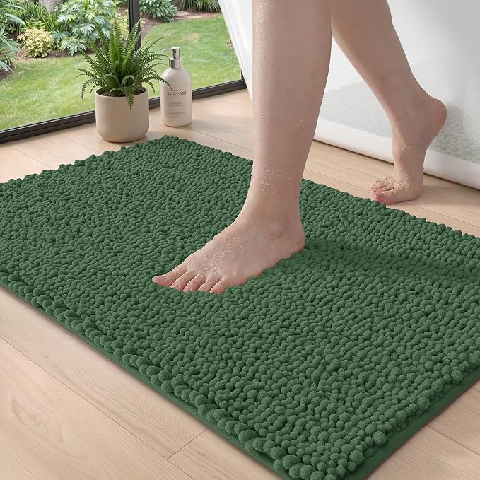 DEXI Bathroom Rugs 32x20, Super Soft Thick Chenille Absorbent Bath Mat, Non Slip Machine Washable Fluffy Shag Bathmat for Tub, Shower Floor, Green