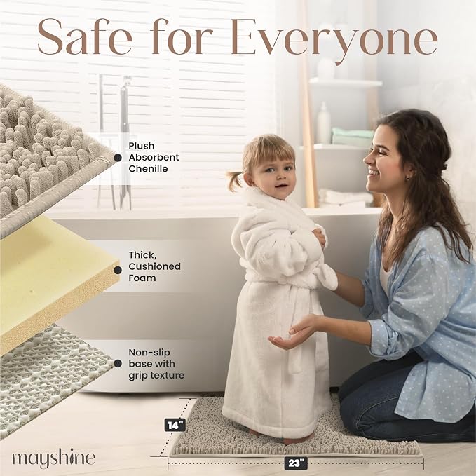 MAYSHINE Small Plush Shaggy Chenille Bath Mat 23"x14"| Extra Soft, Super Absorbent, Non-Slip Bathroom Rug | Fluffy Microfiber, Area Rug Sets for Bathroom Floor, Kitchen, Living Room |Beige