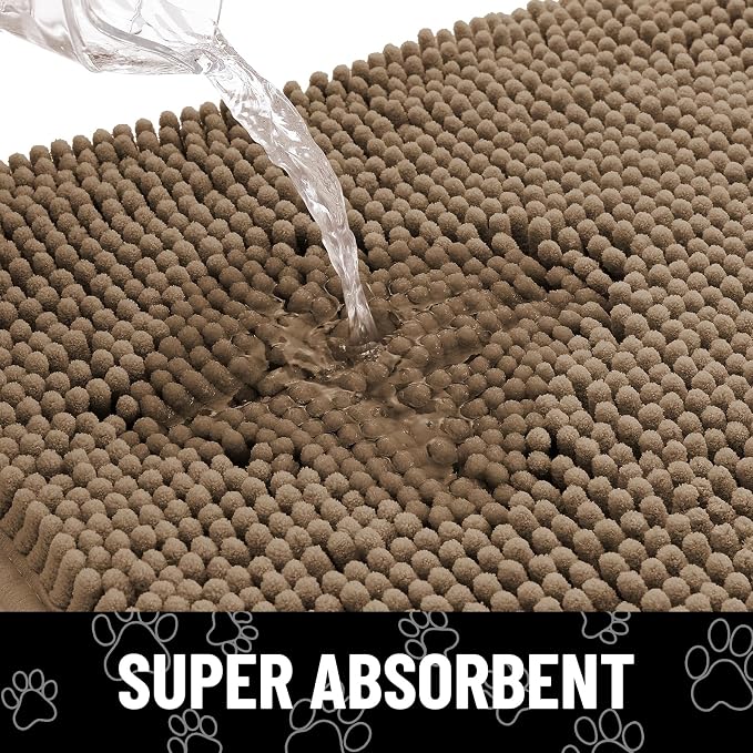 Smiry Dog Door Mat for Muddy Paws, Absorbent Dirt Trapper Non Slip Quick Dry Washable Chenille Mat for Mud Dogs, Entry Rug for Indoor and Outdoor (71x46 Inches, Camel and Black)