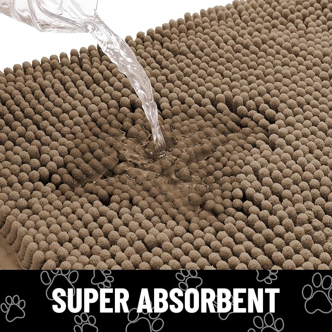 Smiry Dog Door Mat for Muddy Paws, Absorbent Dirt Trapper Non Slip Quick Dry Washable Chenille Mat for Mud Dogs, Entry Rug for Indoor and Outdoor (70x35 Inches, Camel and Black)