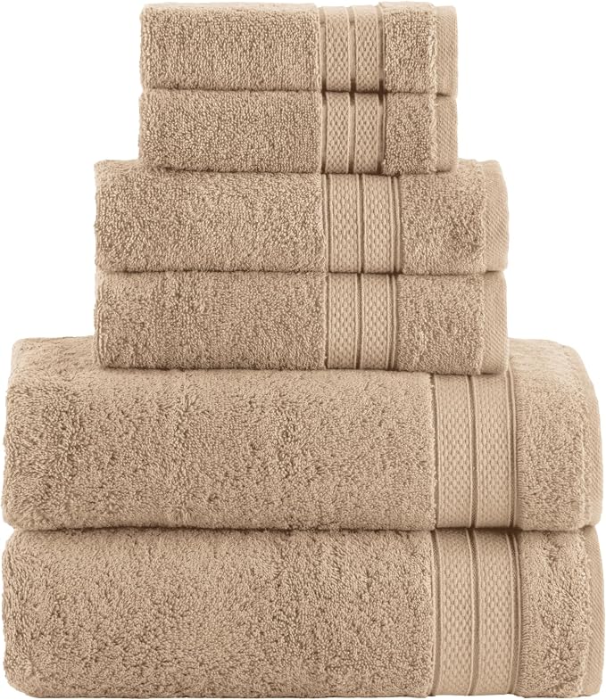 Elegant Comfort Luxury 6-Piece Towel Set, Premium Soft 100% Turkish Cotton, Three Line Popcorn Design 2 Bath Towels, 2 Hand Towels and 2 Washcloths Towel Set - Quick-Drying and Absorbent, Tan