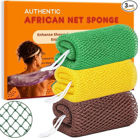 African Net Sponge Authentic, 3 Pieces African Exfoliating Net Sponge Body Back Scrubber Exfoliating Washcloth for Shower Bath for All Types Skin (Brown+Yellow+Green, 3 Pcs)