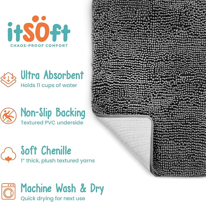 Dog Rugs for Muddy Paws 47x21 | Cleaner Mud Free Floors | Muddy Dogs Mats for Indoor, Dog Mat for Muddy Paws Door Mat Washable, Absorbent Chenille Mud Rug Paw Matt w/ Non Slip Backing, Charcoal Grey